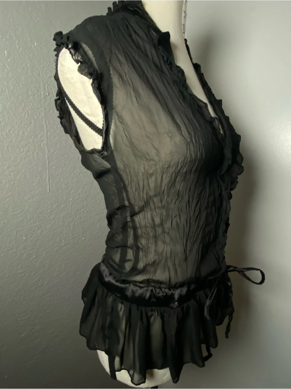 Y2K Whimsygoth Black Chiffon & Satin Drawstring Waist Blouse Size Medium